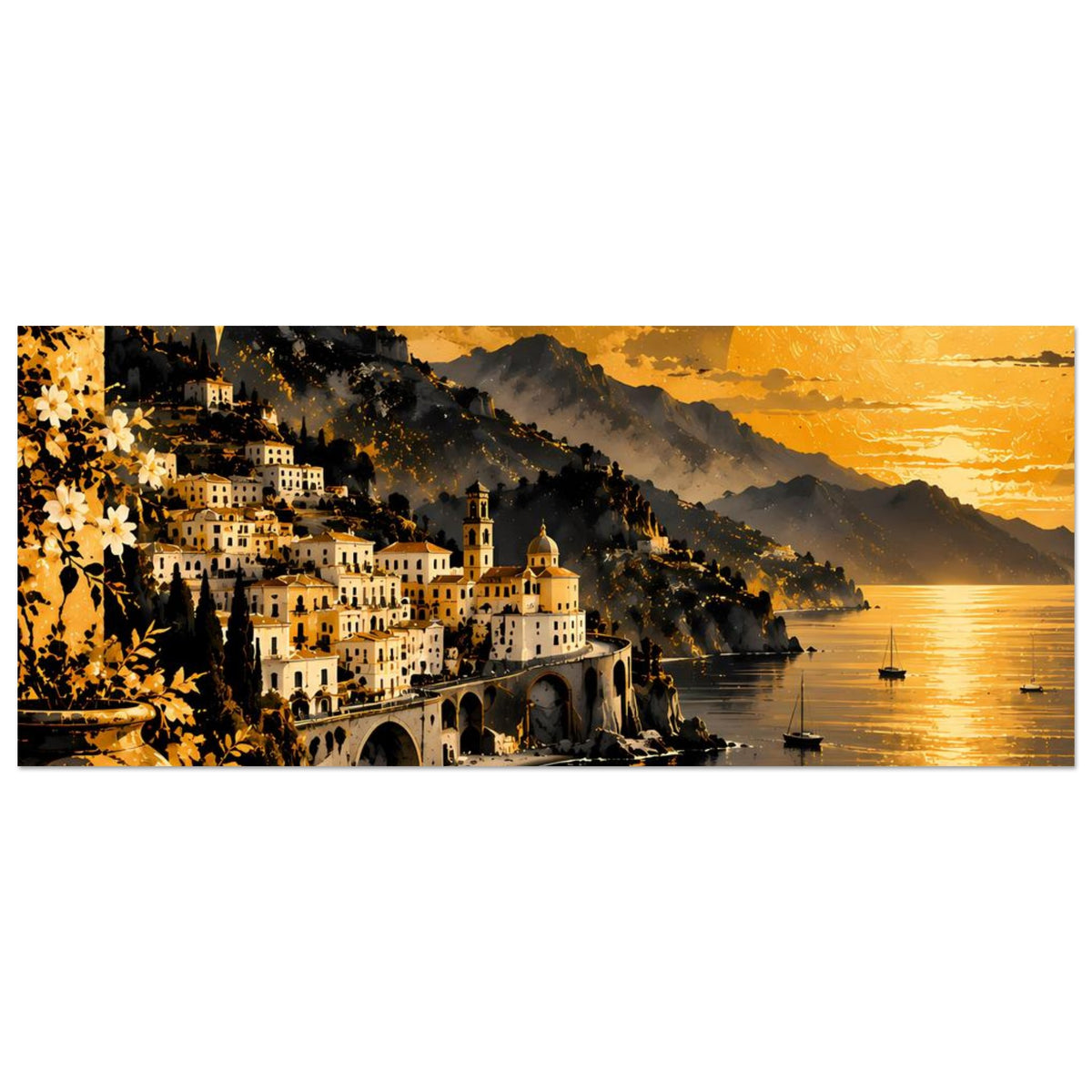 Horizontales Poster: Küstendorf am Meer, goldener Sonnenuntergang, große Sonne über dem Wasser