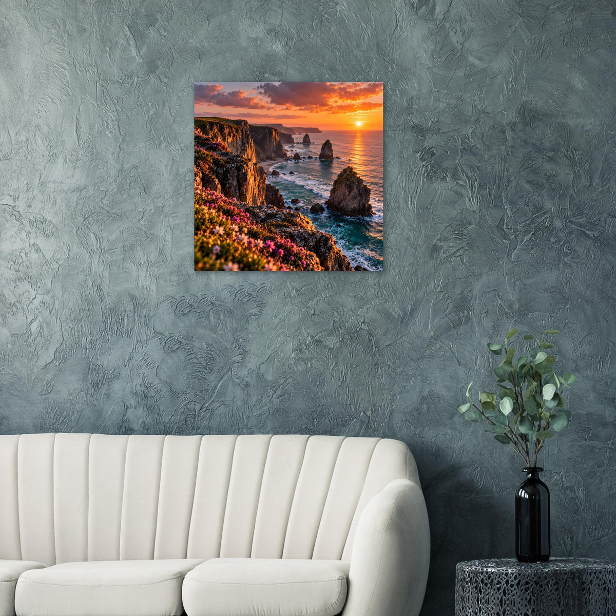 Gerahmtes Küsten-Sonnenuntergangs-Poster mit Felsen und Meer, orangefarbener Himmel, quadratisch