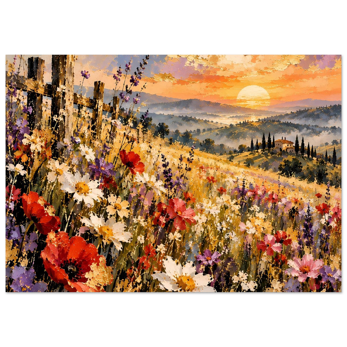 Landschaftsposter mit Sommerwiese, Mohnblumen und Abendsonne über Hügeln