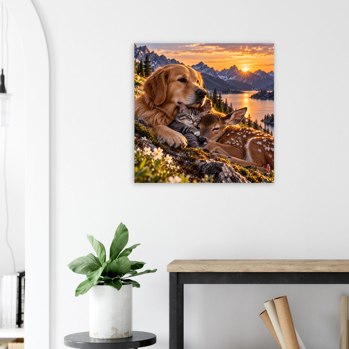 Tiermotiv-Poster mit Hund und Katze im Sonnenuntergang am See