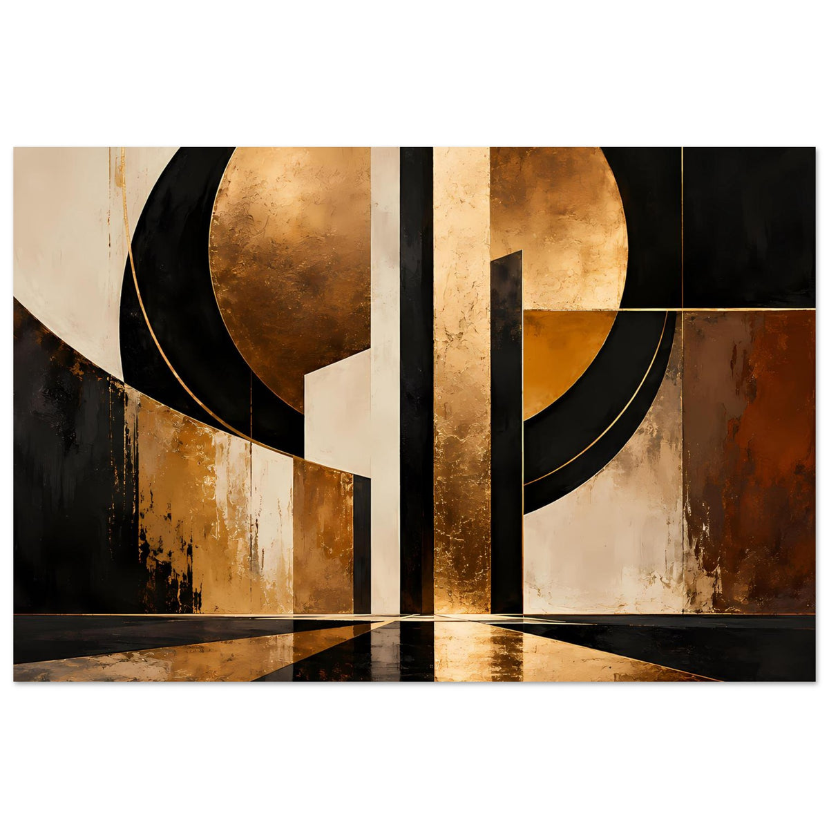 Abstraktes Art-Poster mit gold-schwarzer Farbfläche, große Halbkreise und Rahmenlinien