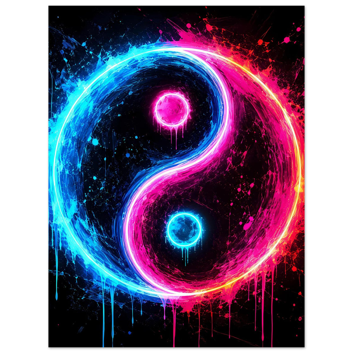 Neon-Yin-Yang-Poster mit leuchtenden blauen und pinken Linien, Farbspritzern und Tropfenoptik.