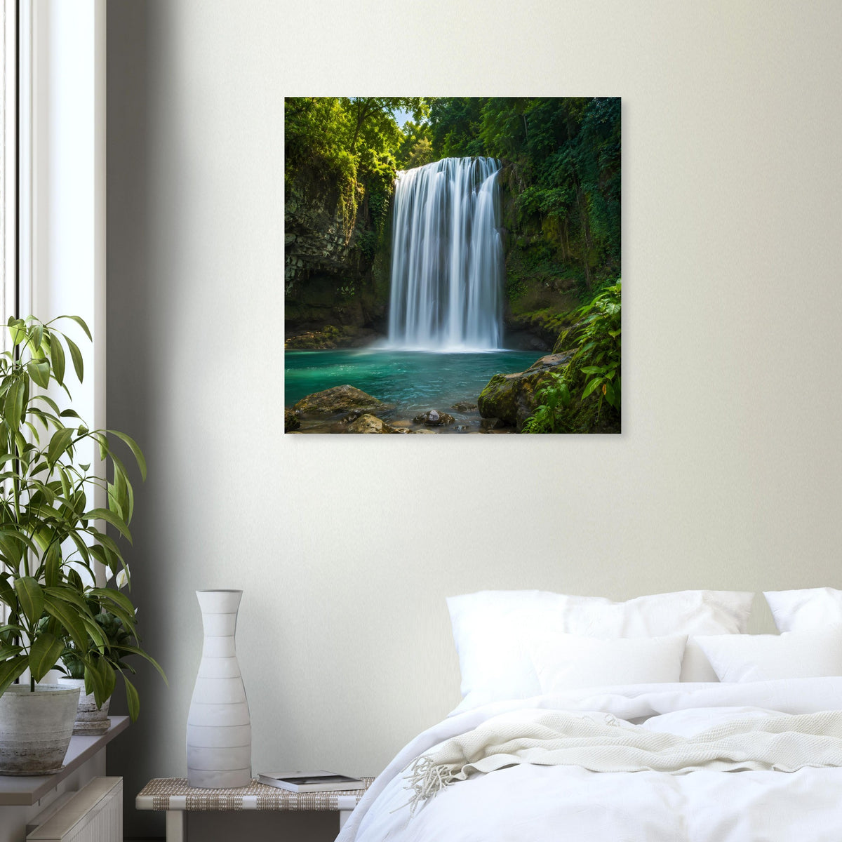 Gerahmtes Wasserfall-Poster im Wald, türkisfarbener See und grüne Vegetation