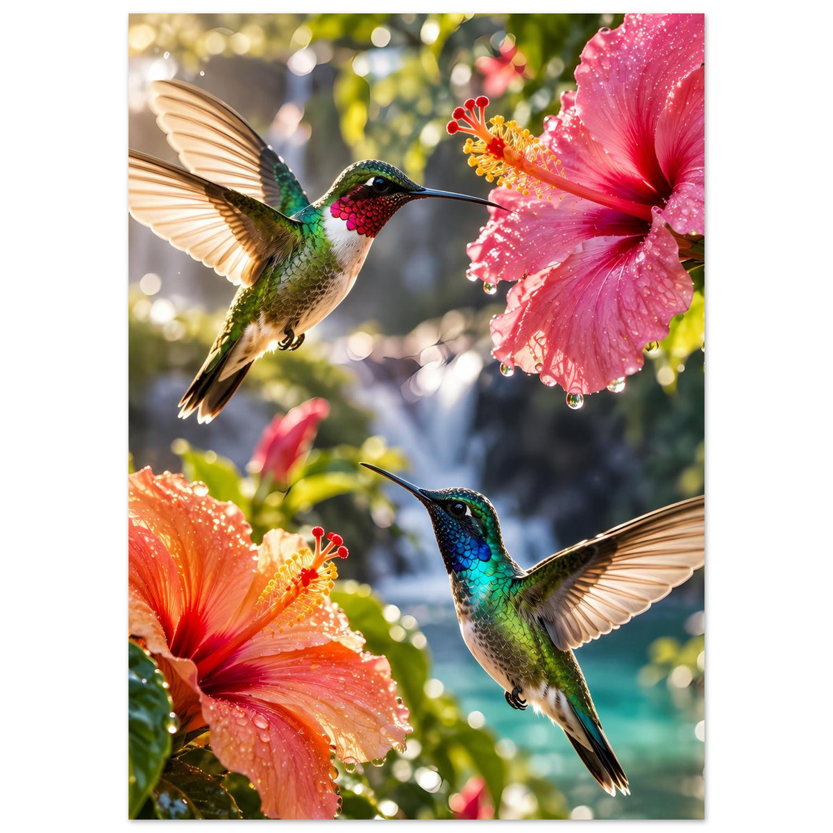 Poster mit zwei Kolibris vor Hibiskusblüten in Pink und Orange, vertikal