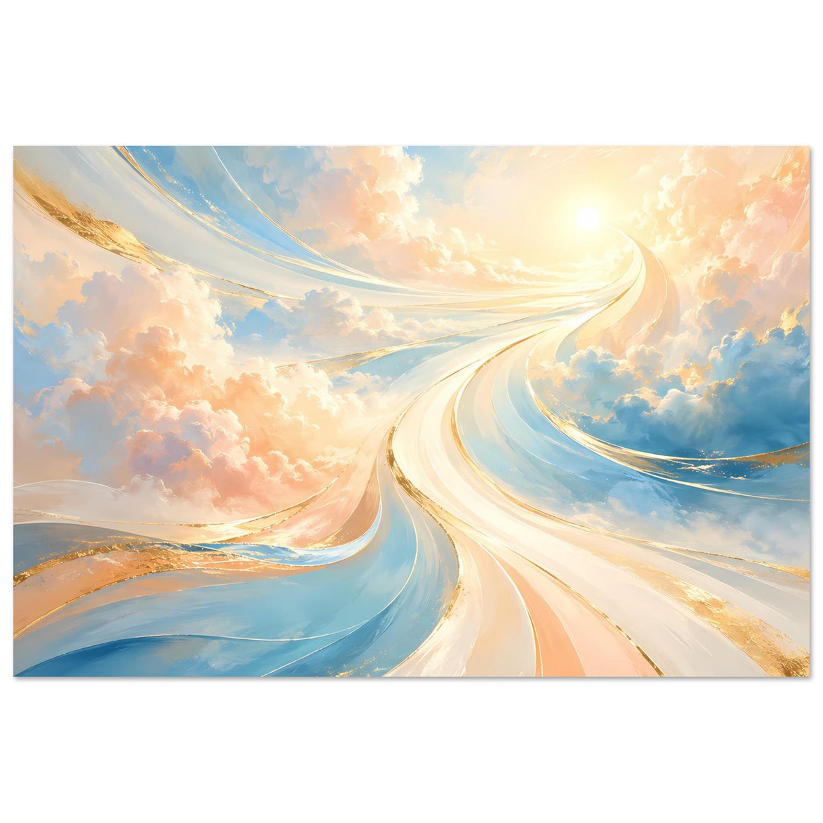 Fantasie-Poster mit Lichtpfad und Wolkennebel, Pastellblau, Pfirsich und Weiß, horizontal