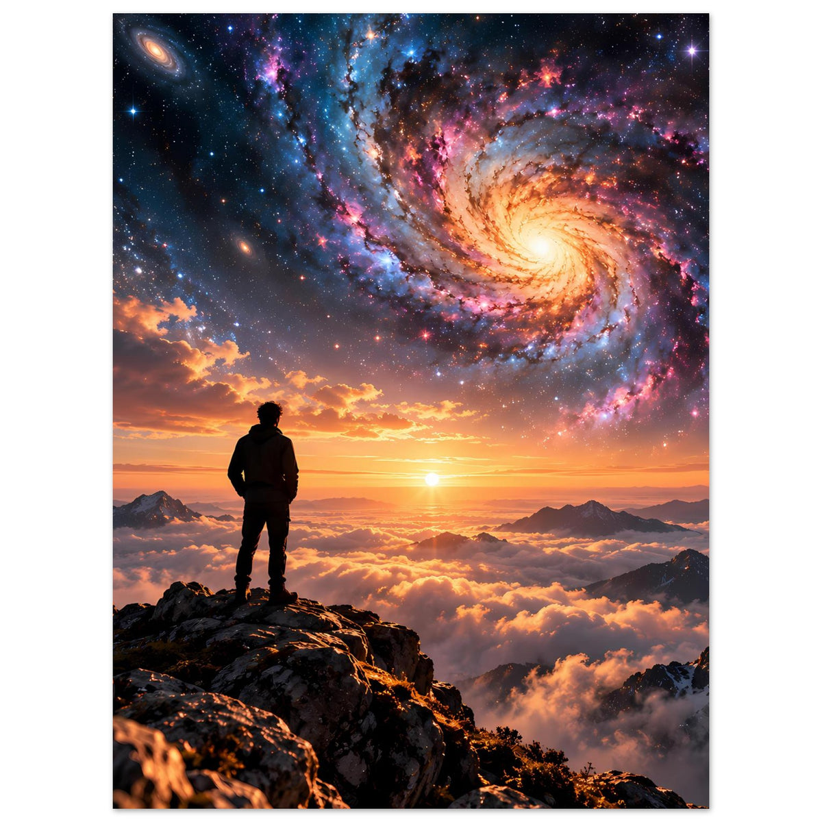 Vertikales Poster mit Spiralgalaxie und Sonnenaufgang über Berglandschaft; Silhouette auf Fels