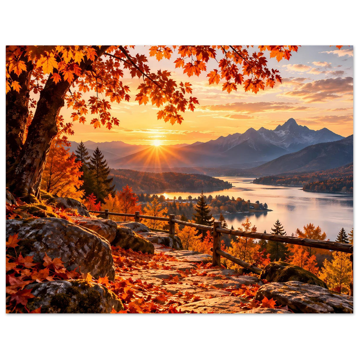 Herbstlandschafts-Poster im Hochformat: Abendsonne, Berglandschaft, See und Blätterdach am oberen Rand