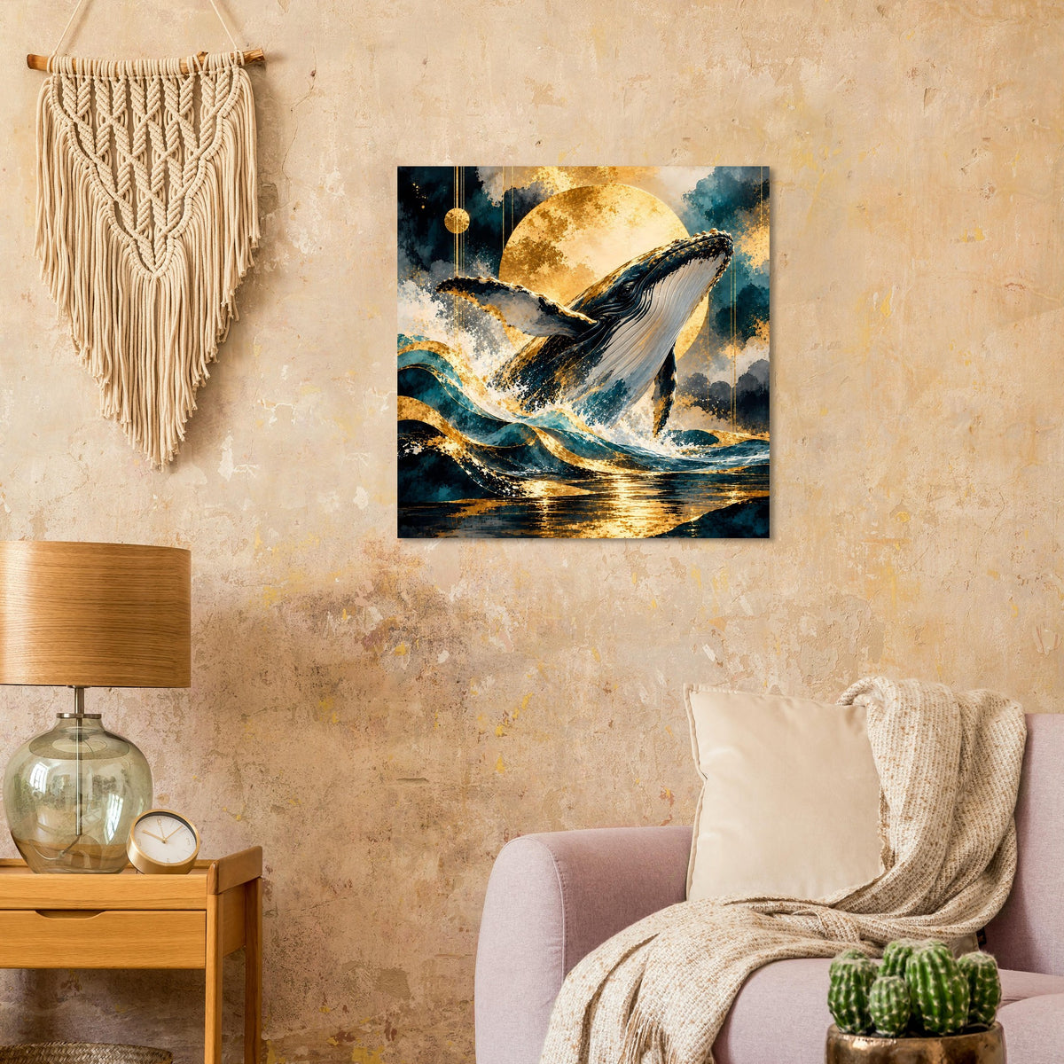 Quadratisches Poster mit Buckelwal in Abendwellen, goldener Mond und türkisblauer Farbauftrag