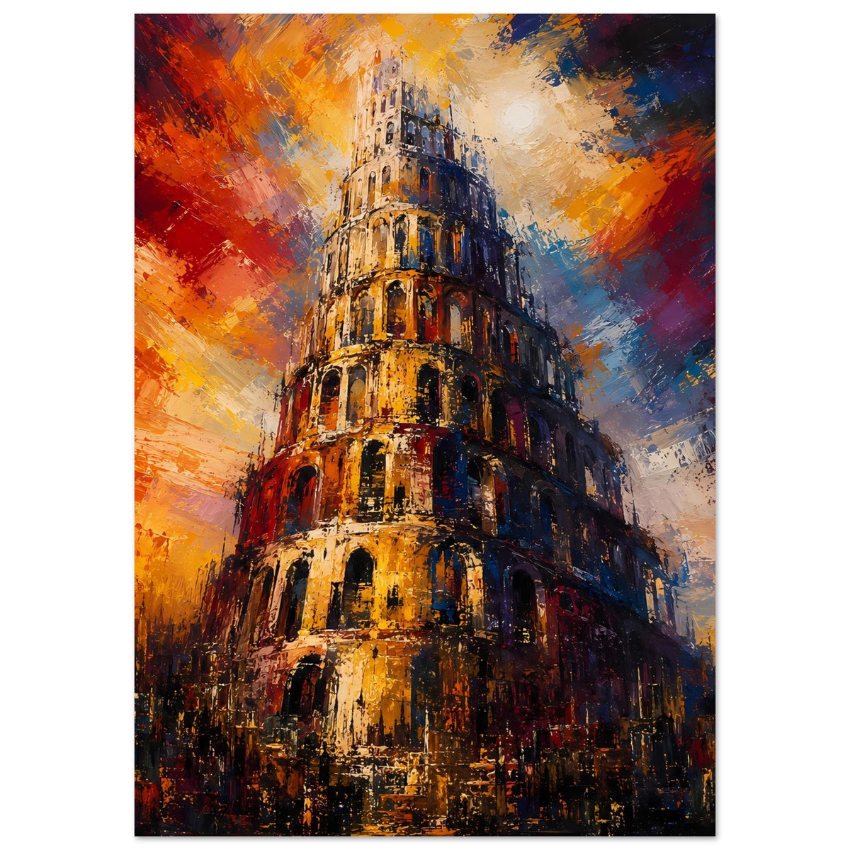 Wandposter Turm von Babel in Orange- und Blaunuancen, abstrakte Darstellung, vertikal