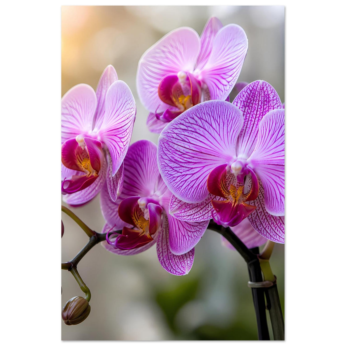 Orchideen-Poster mit großen lila-rosa Orchideenblüten und kleinen Knospen am Stängel
