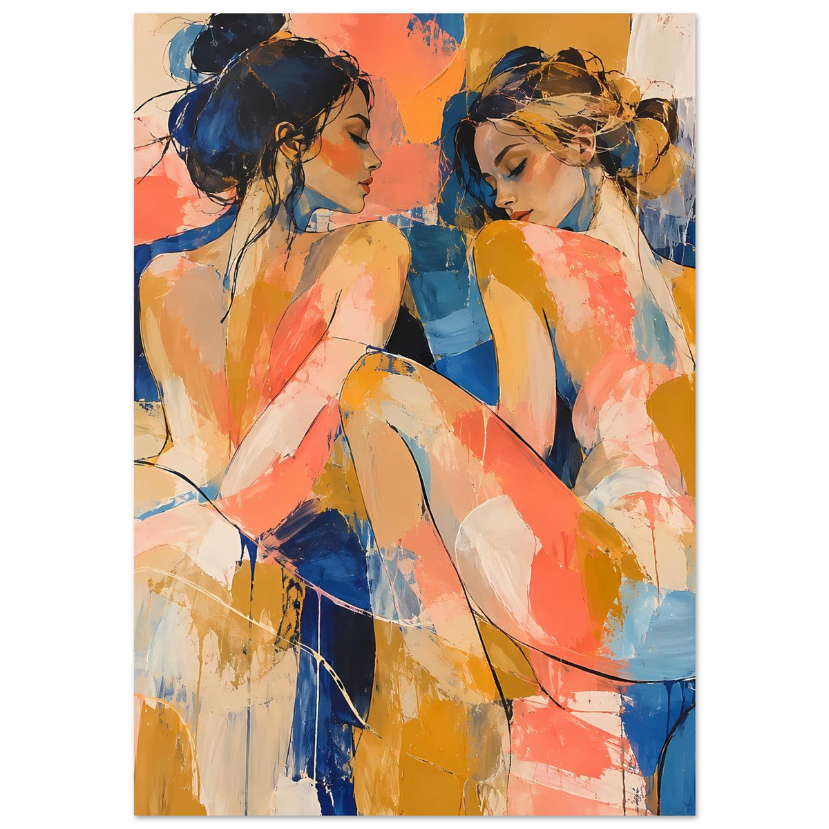Kunstposter mit abstraktem Figurenpaar: zwei Frauen im Profil, Blau- und Koralltöne, Hochformat