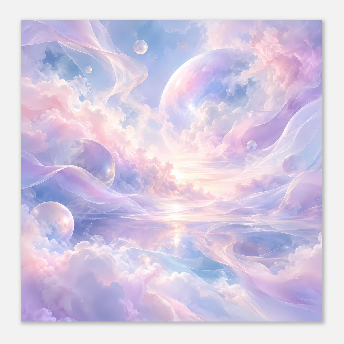 Poster mit Wolken in Lavendel, große Kugel oben, schwebende Bläschen und Lichtkegel