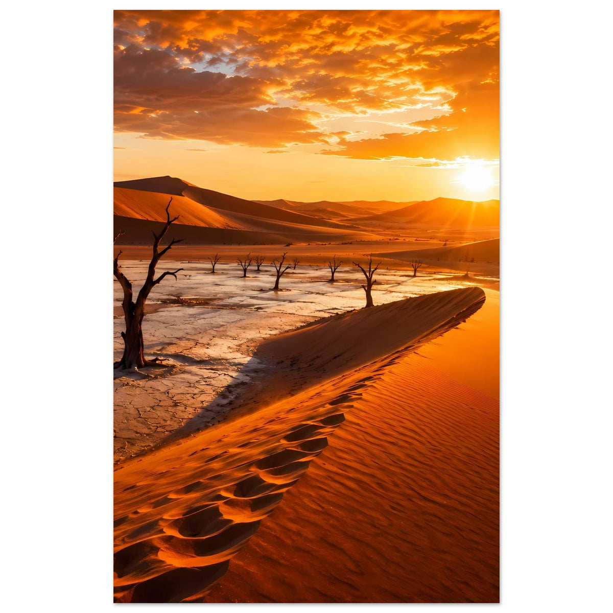 Poster im Hochformat: goldene Sanddüne im Vordergrund, Abendhimmel und kahle Bäume