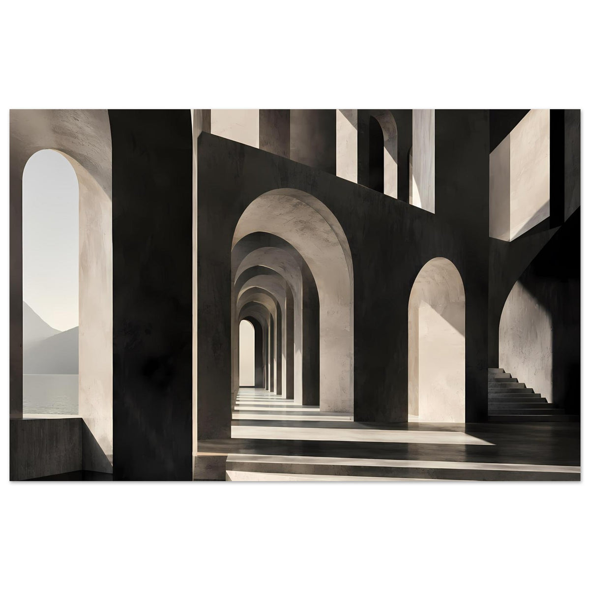 Architekturposter im Querformat mit langem Korridor, Rundbögen und Treppen im Hintergrund
