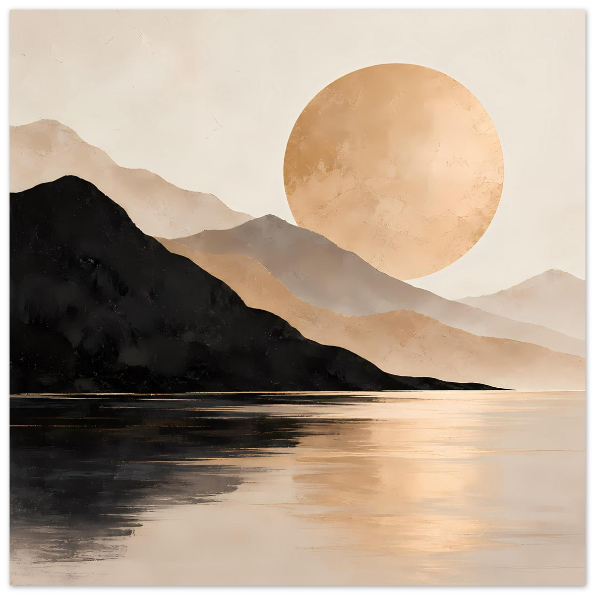 Poster mit minimalistischer Berglandschaft, See und großer goldener Sonne im Kreis.