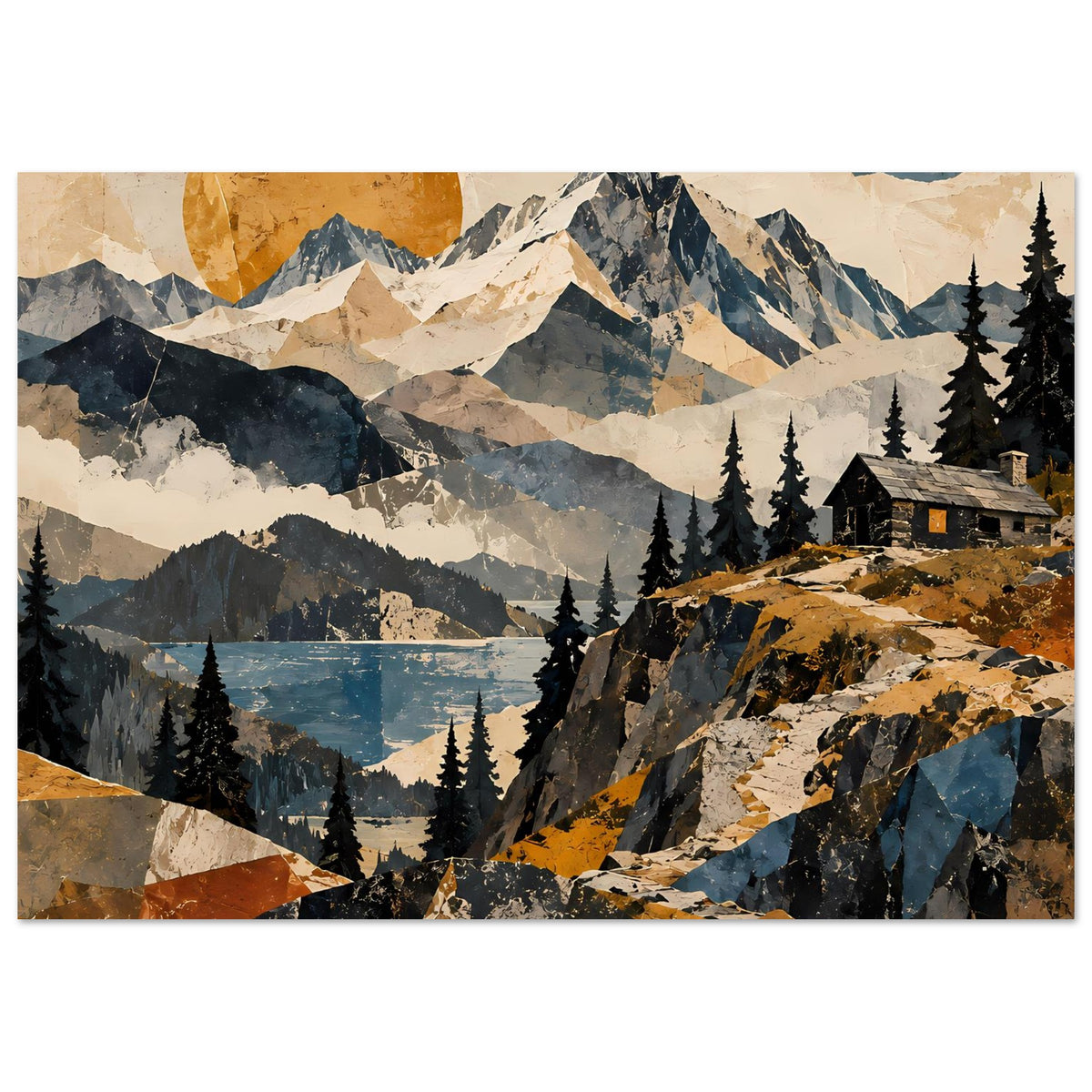 Querformatiges Naturposter mit Alpenbergen, See, Tannenwald und Berghütte, warmem Sonnenkreis