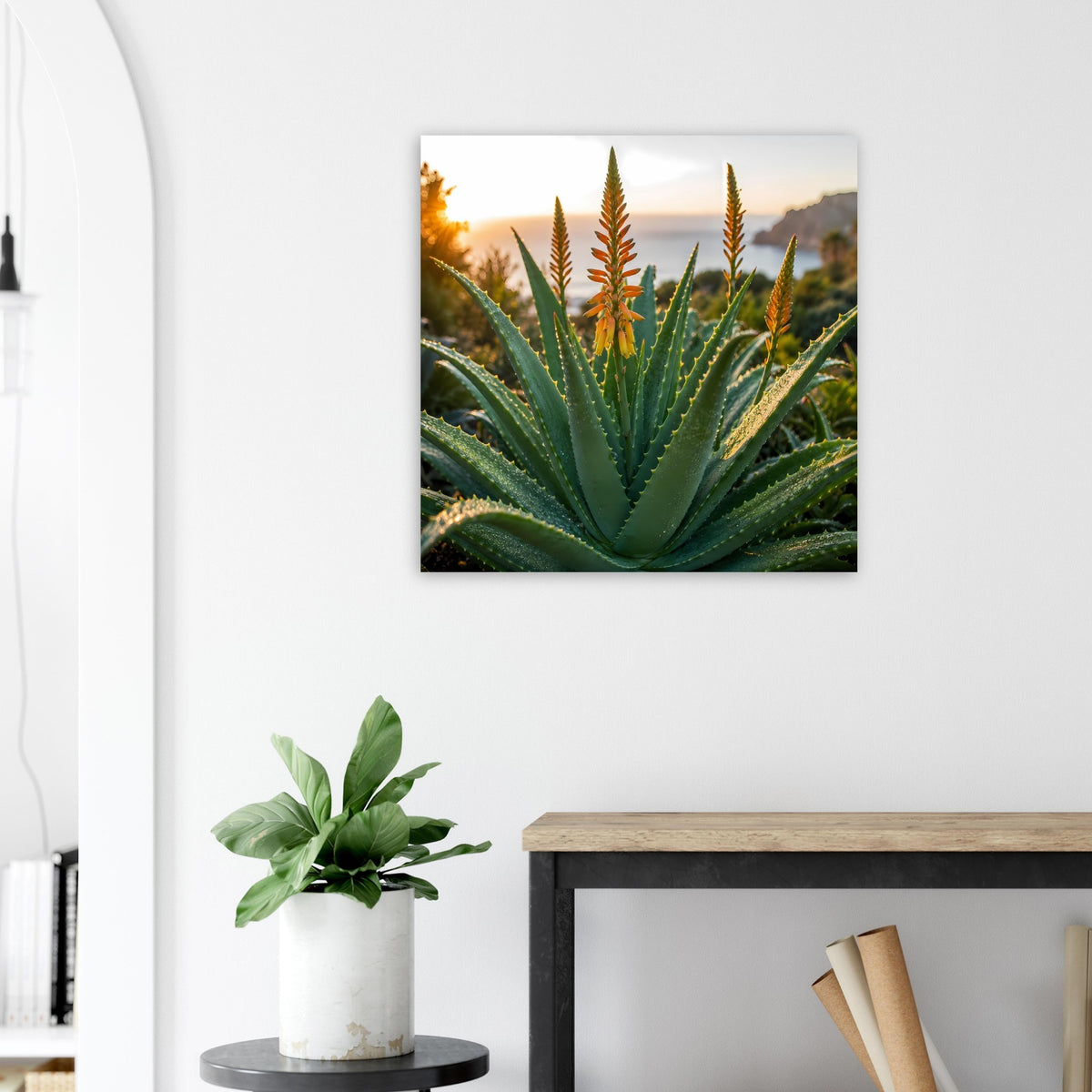Botanisches Poster mit grüner Aloe und orangegelben Blüten, Blick auf die Pflanze