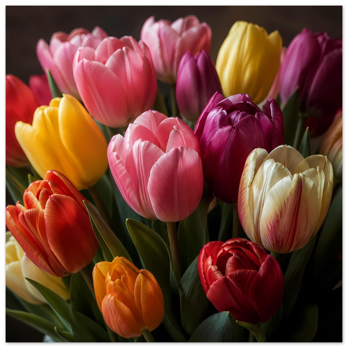 Tulpenstrauß-Poster, Hochformat: kräftige Tulpenmischung in Pink, Gelb, Lila und Rot.