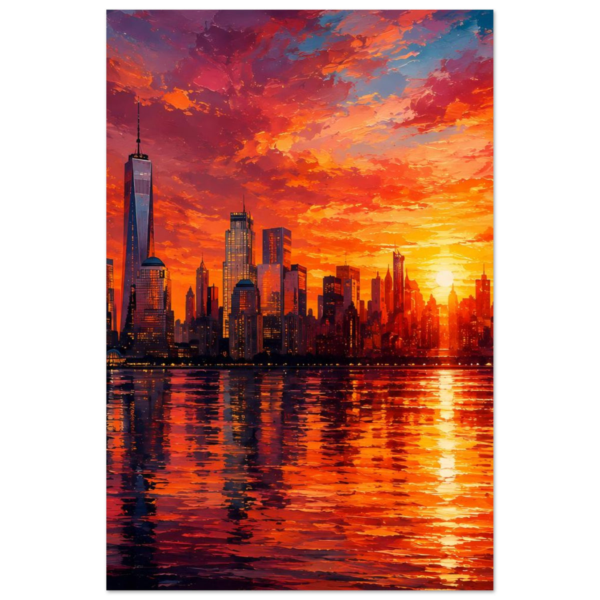 Hochformat-Poster mit New-York-Skyline, One World Trade Center und Sonnenuntergang über Wasser