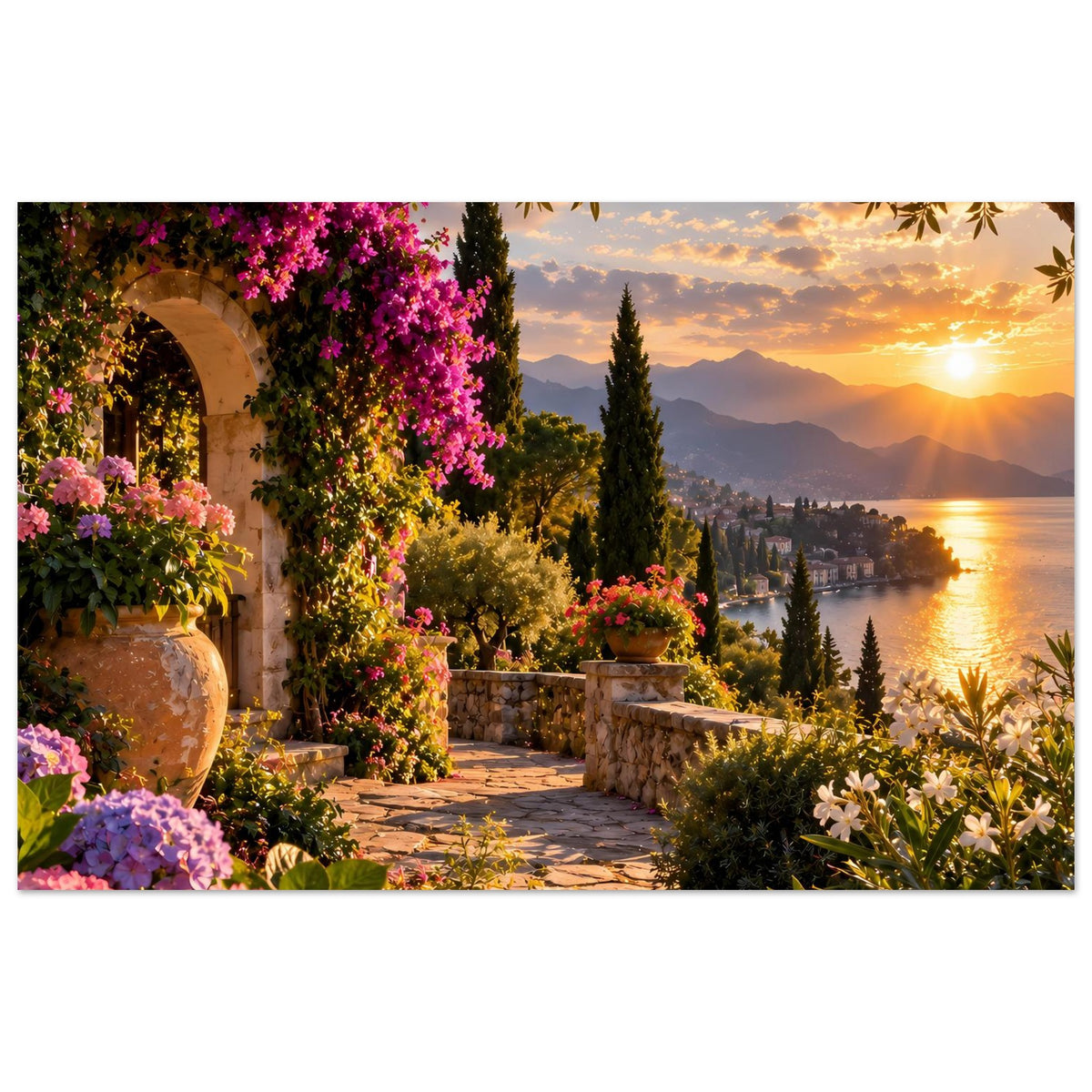 Poster „Mediterraner Garten“ mit blühenden Pflanzen, Terrassenweg und Sonnenuntergang