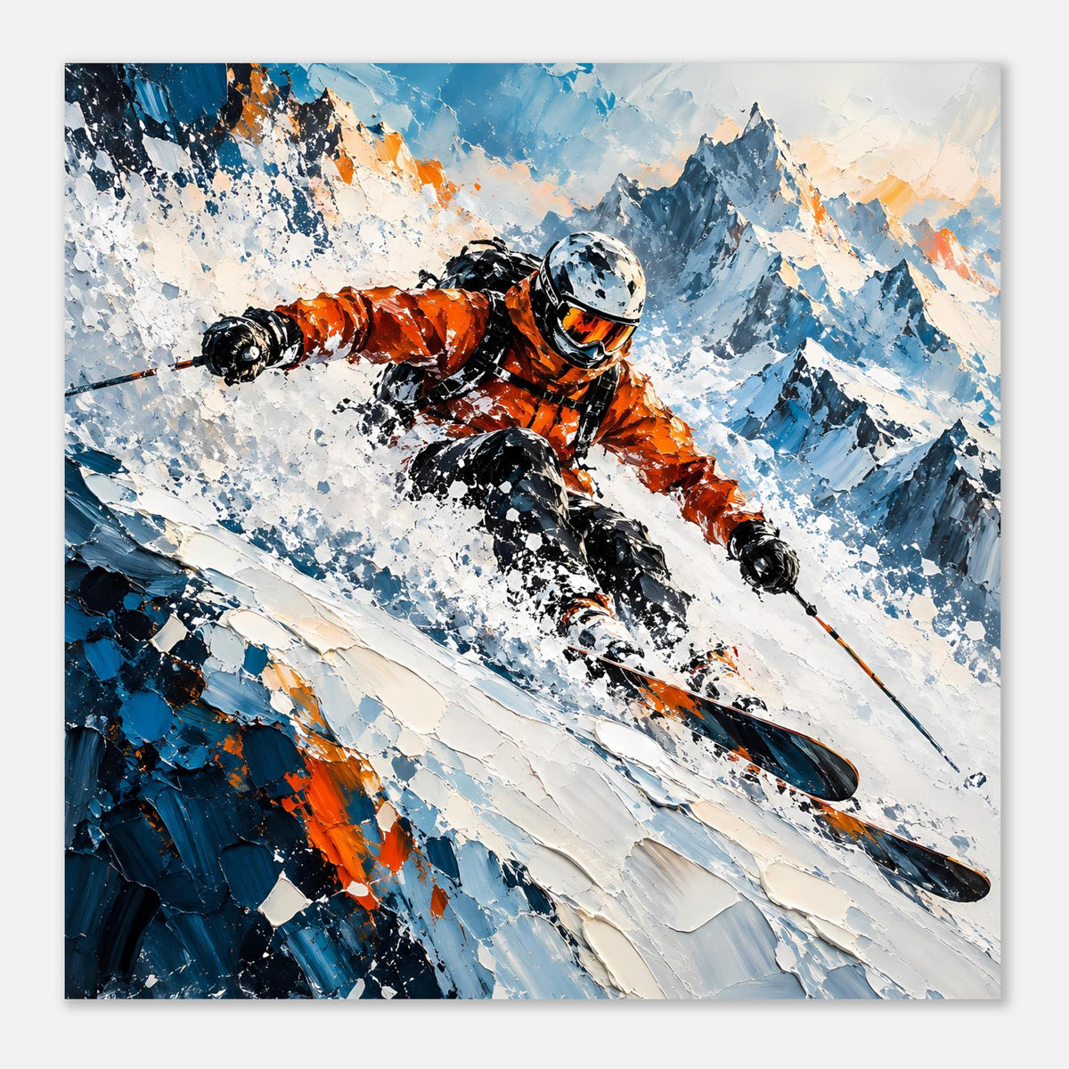 Wintersport-Poster in Panorama-Ansicht: orangefarbener Skifahrer, Schneespritzer und blaue Berge