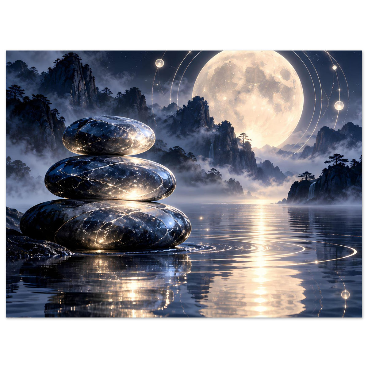 Poster mit Zen-Steinen, Vollmond, mystischen Kreisen und spiegelndem Wasser