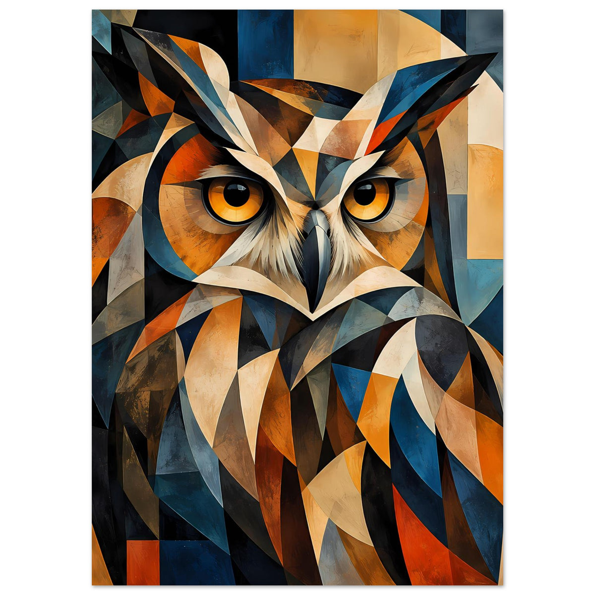 Geometrisches Eulenposter, zentraler Vogelkopf mit gelben Augen und bunten Dreiecken