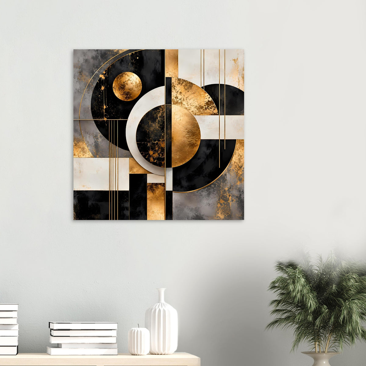 Kleines Poster mit abstrakten Kreisen in Schwarz, Gold und Creme, geometrisches Design