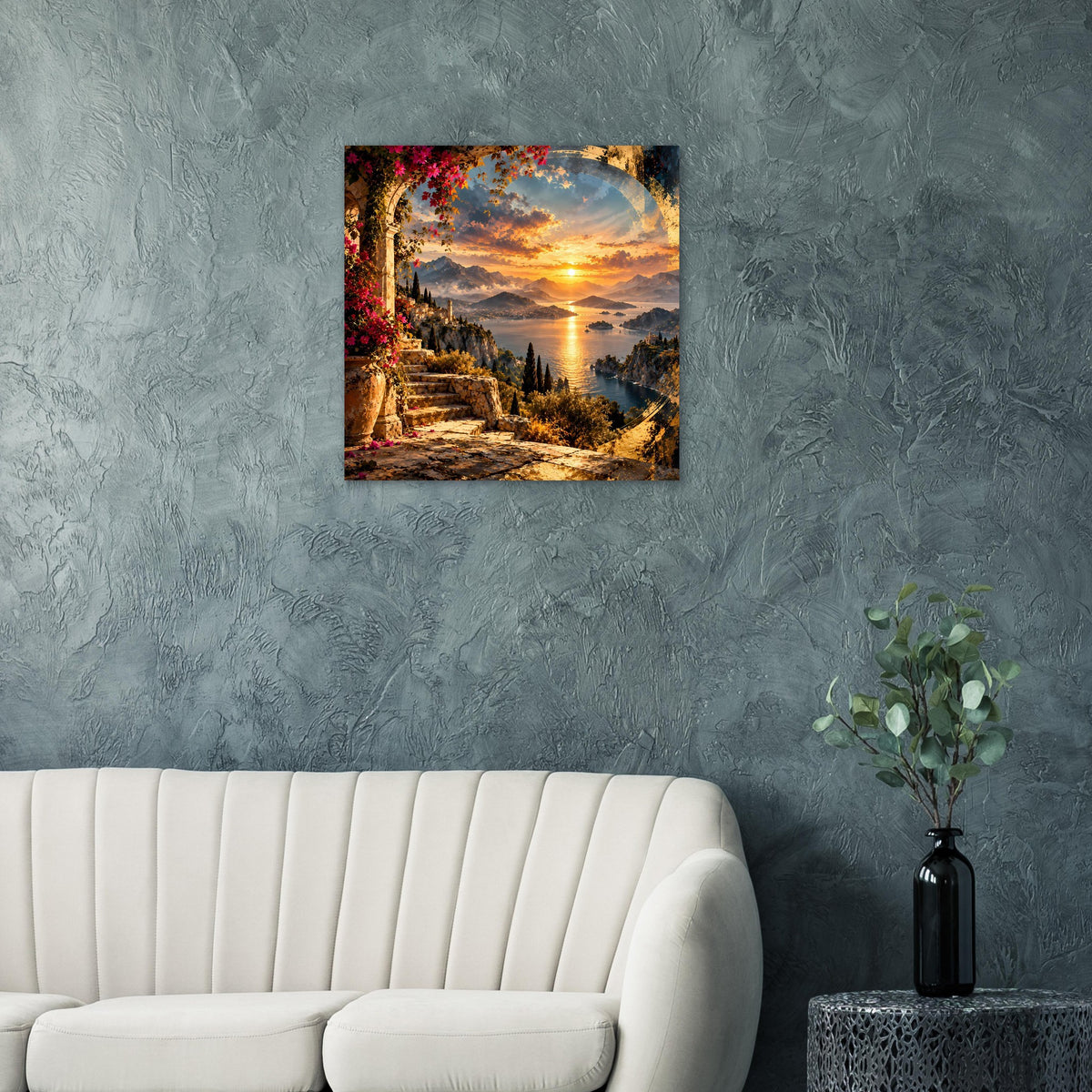 Quadratisches Küstenposter: Sonnenuntergang, steinerner Weg und goldenes Meer