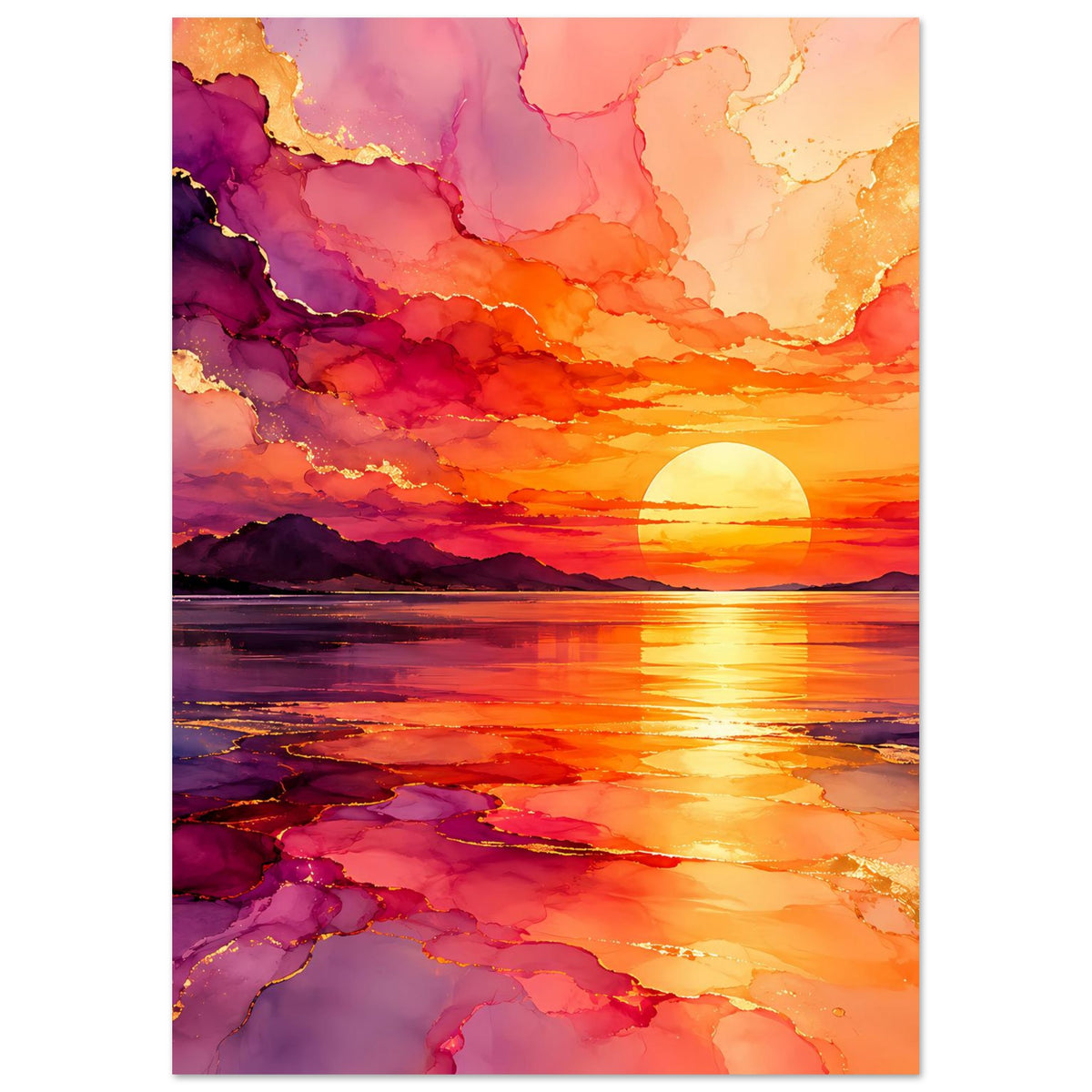 Wandposter im Hochformat mit orange-goldener Sonne, violette Wolken über See