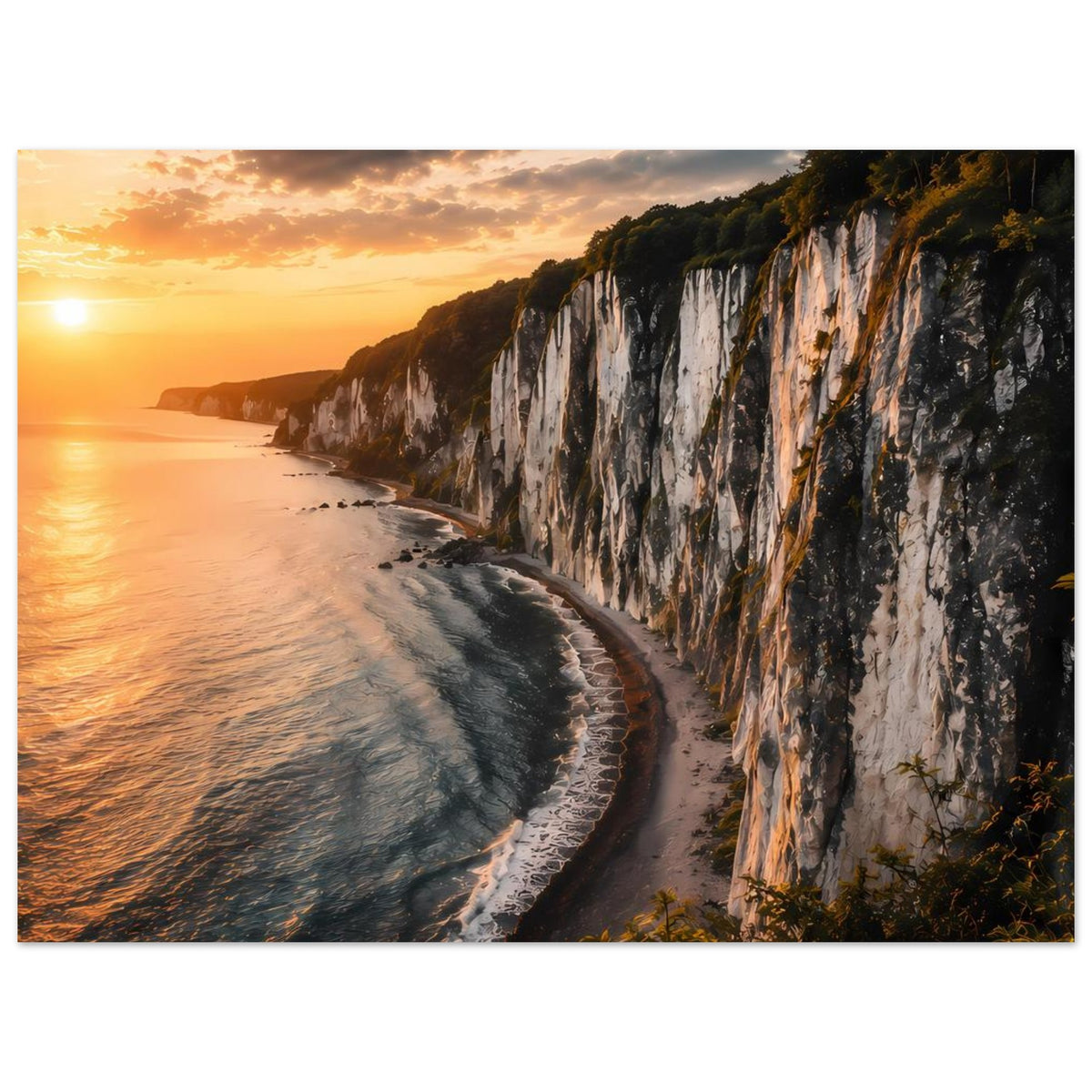 Fotoposter: Klippenküste mit Felswand, schmaler Strandbucht und ruhigem Meer