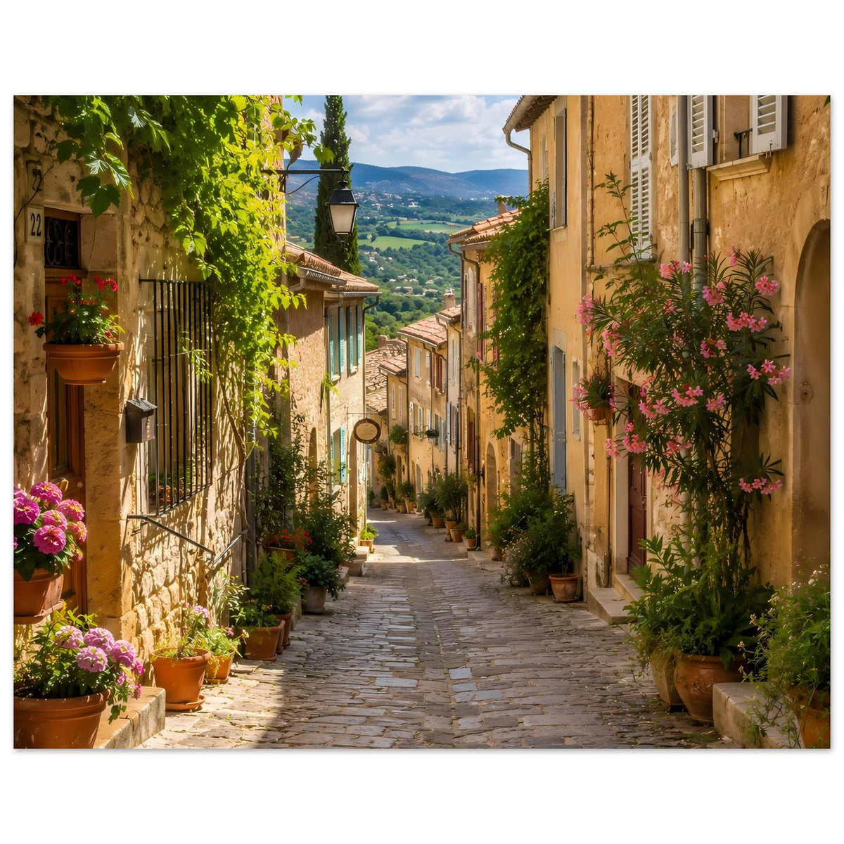 Querformatiges Poster: mediterrane Häuserreihe mit Steinpflaster und Blüten an den Fenstern