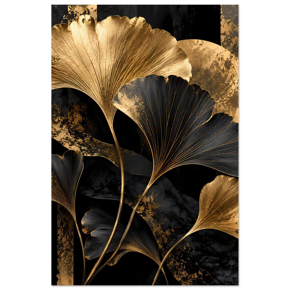Botanisches Poster im Hochformat mit goldenen und schwarzen Ginkgo-Blättern