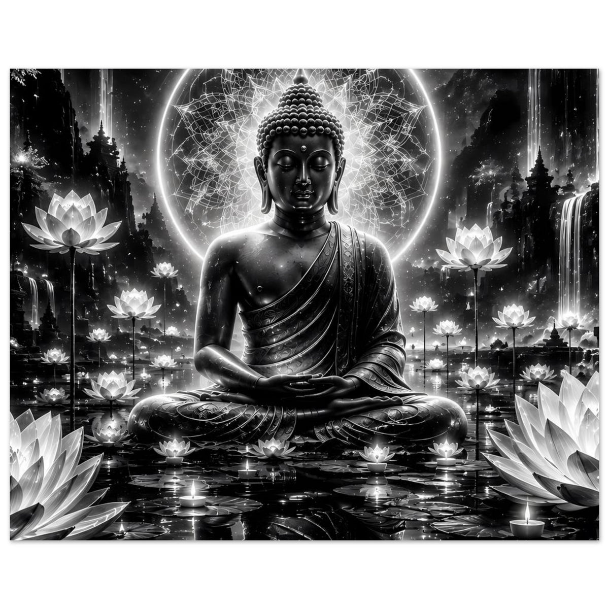 Horizontales Poster mit Buddha-Figur, Halo-Mandala und Lotusmotive, überwiegend schwarz