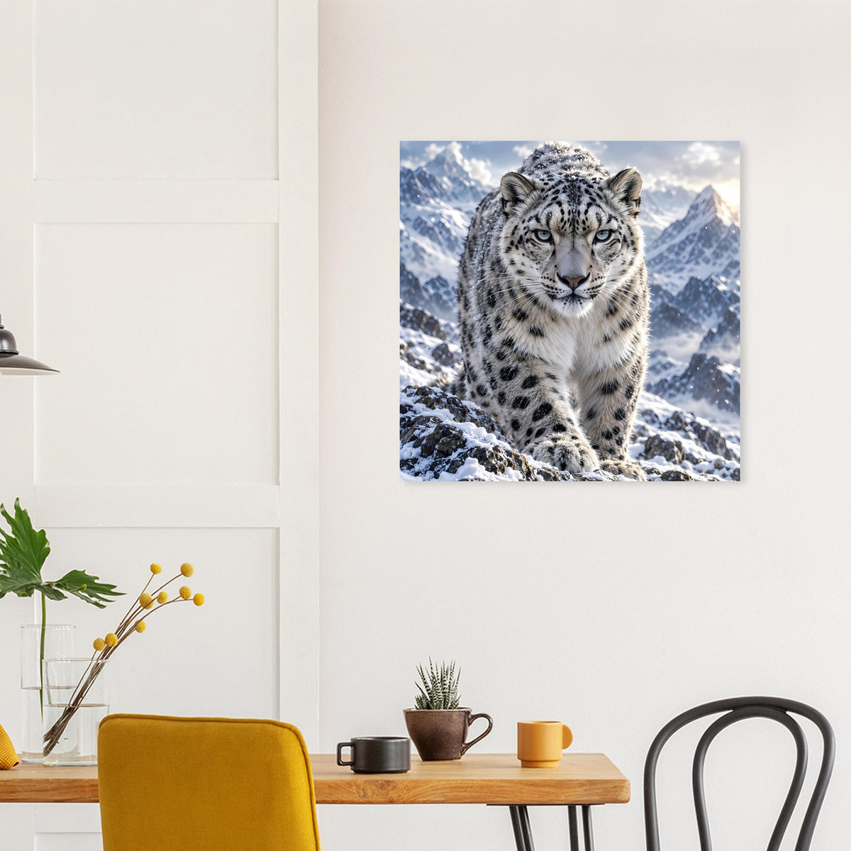 Quadratisches Poster mit Schneeleopard im Schnee, Blick nach vorn