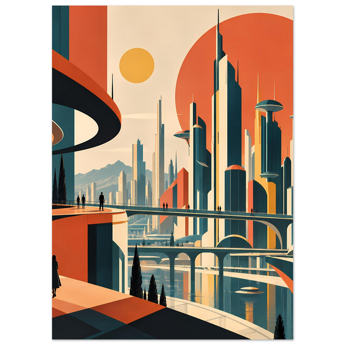 Poster mit futuristischer Skyline, großer Sonne, orangefarbenen Bögen und Wasserkanal