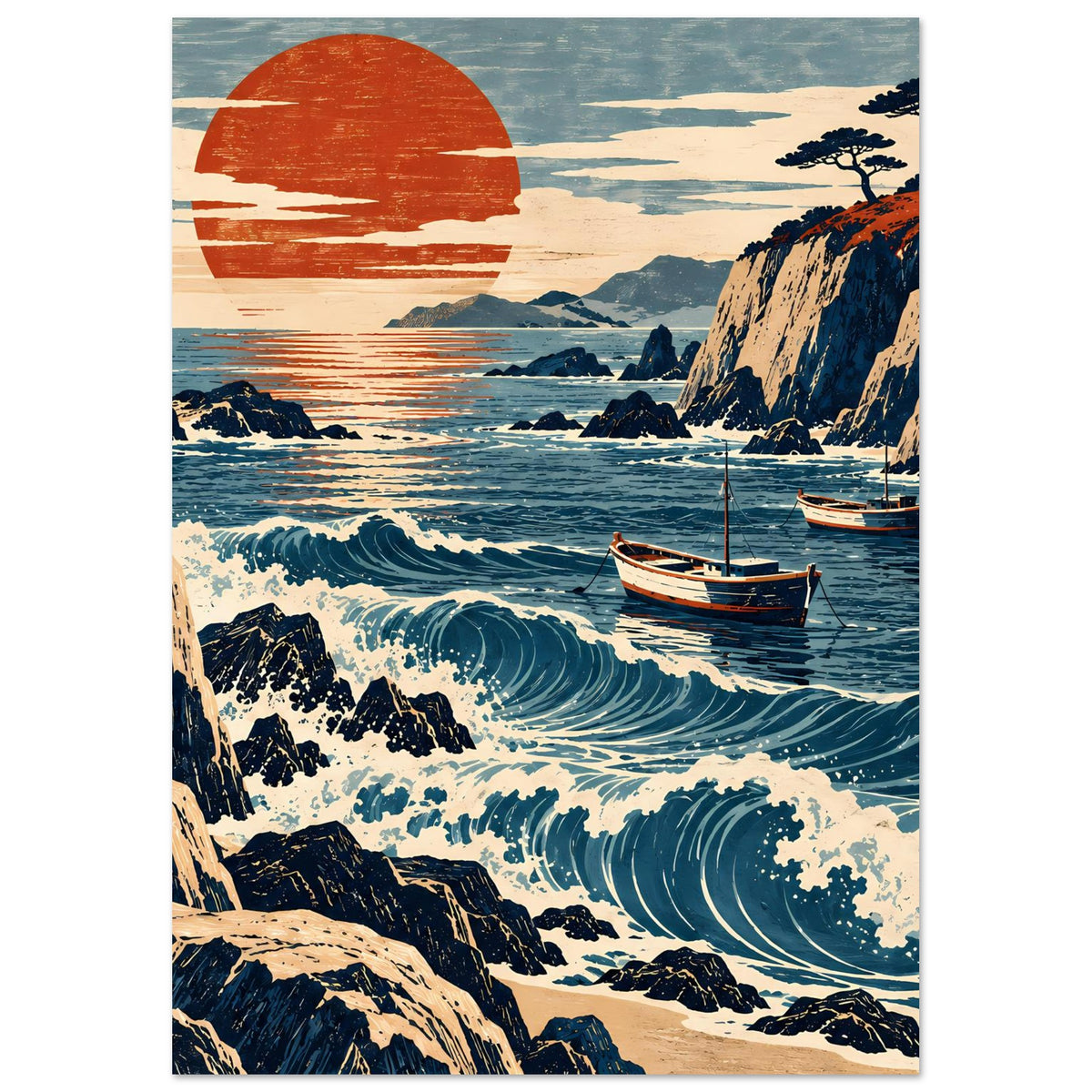 Meerlandschafts-Poster: orangefarbener Sonnenkreis, Brandung auf felsiger Küste und Boot im Vordergrund