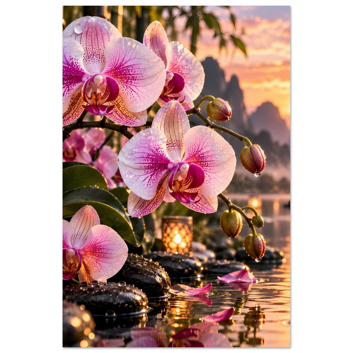 Poster mit rosa Orchideen und goldenen Kerzenhalter-Elementen am stillen See