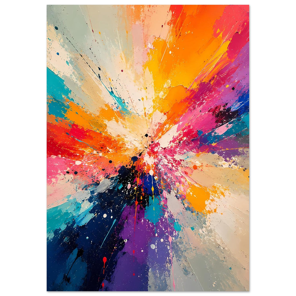 Abstraktes Kunstposter mit Explosion-Abstract in Orange, Pink und Blau, vertikal
