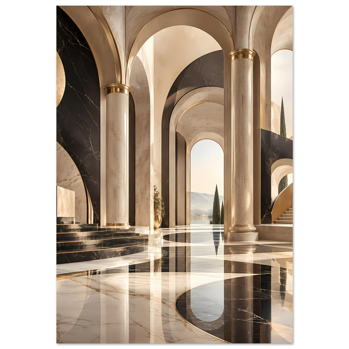 Architekturposter mit goldfarbenen Säulen, dunklen Marmorbögen und spiegelndem Boden
