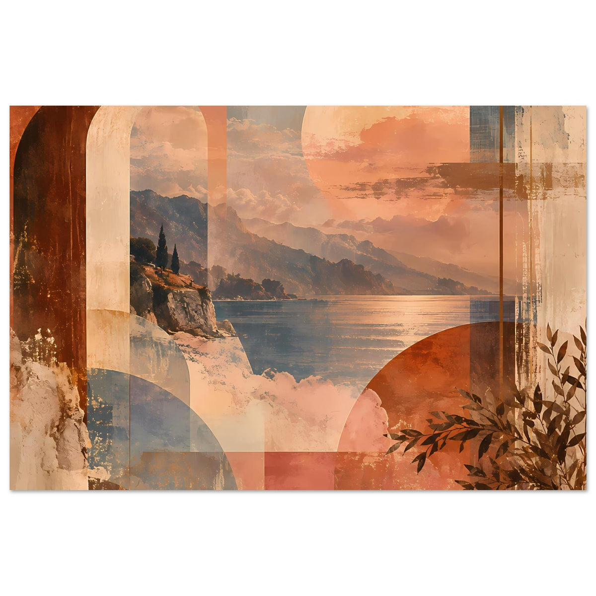 Landschaftsposter horizontal mit Küste, Sonnenmotiv und Blättern rechts, warmes Erdfarbset