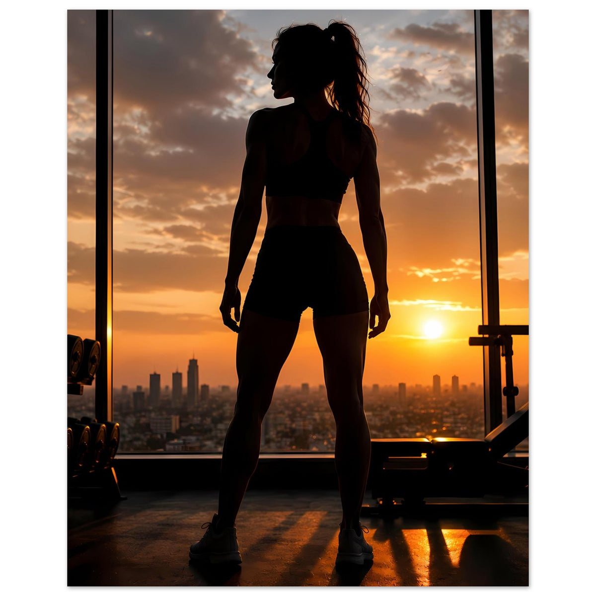 Fitness-Poster: Silhouette der Sportlerin in Seitenansicht, Sonnenuntergang vor Stadtpanorama