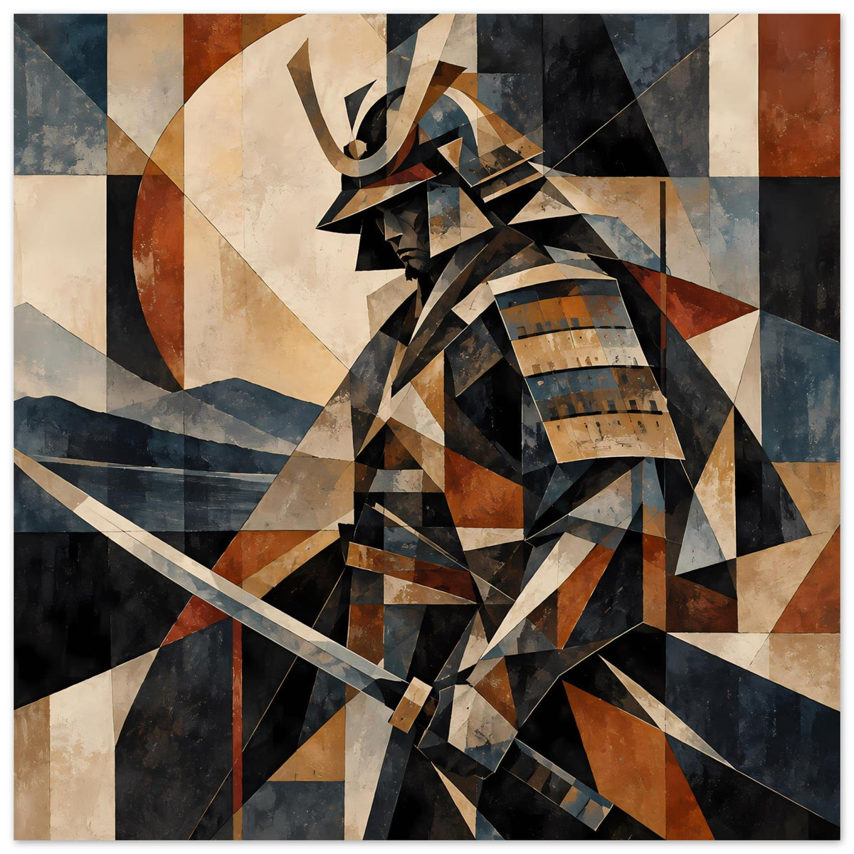 Poster mit geometrischem Samurai-Krieger in Erdtönen und Blau, detailreicher Helm und Schwert