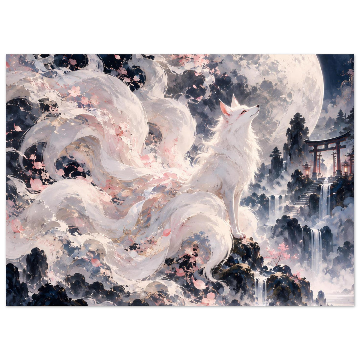 Fantasy-Poster: weißer Fuchs im Vollmondschein, Kirschblüten und fließendes Wasser