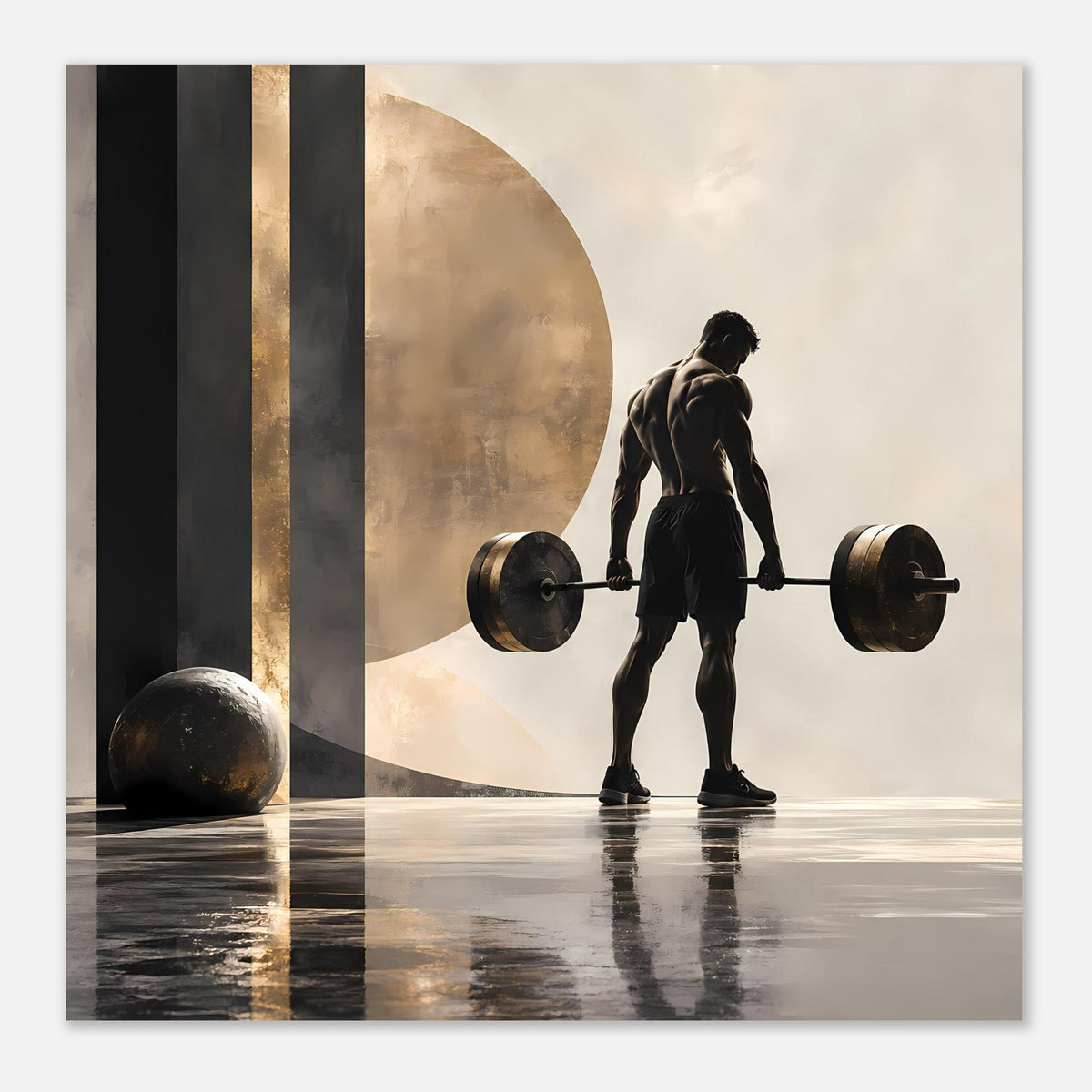 Krafttraining-Poster: Person in Hantelposition, dunkle Gewichte, goldene Akzente im Hintergrund