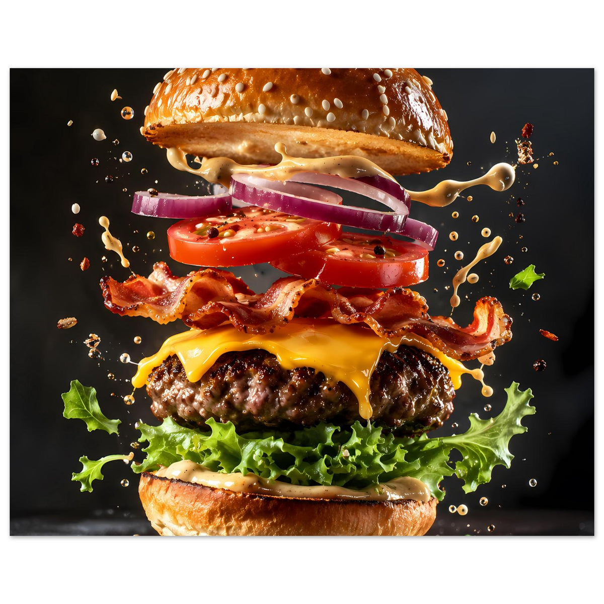 Buntes Poster (teilweise abgeschnitten): Burger mit Tomaten, Zwiebeln, Bacon und Käse.