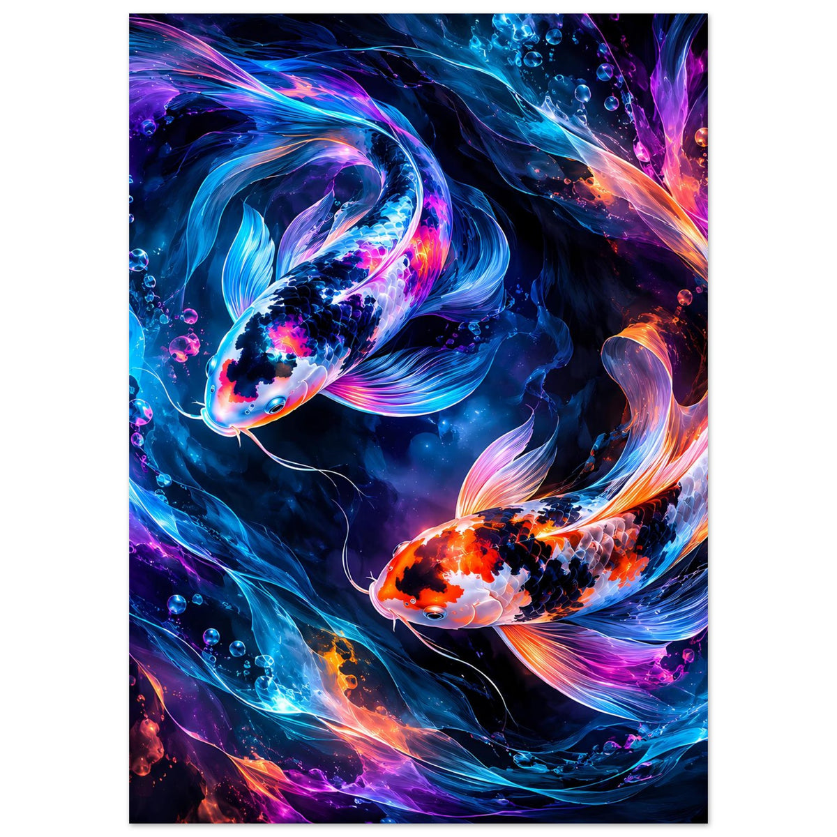 Poster mit Koi-Fischen in Blau und Orange, violette Akzente und leuchtende Wasserwirbel