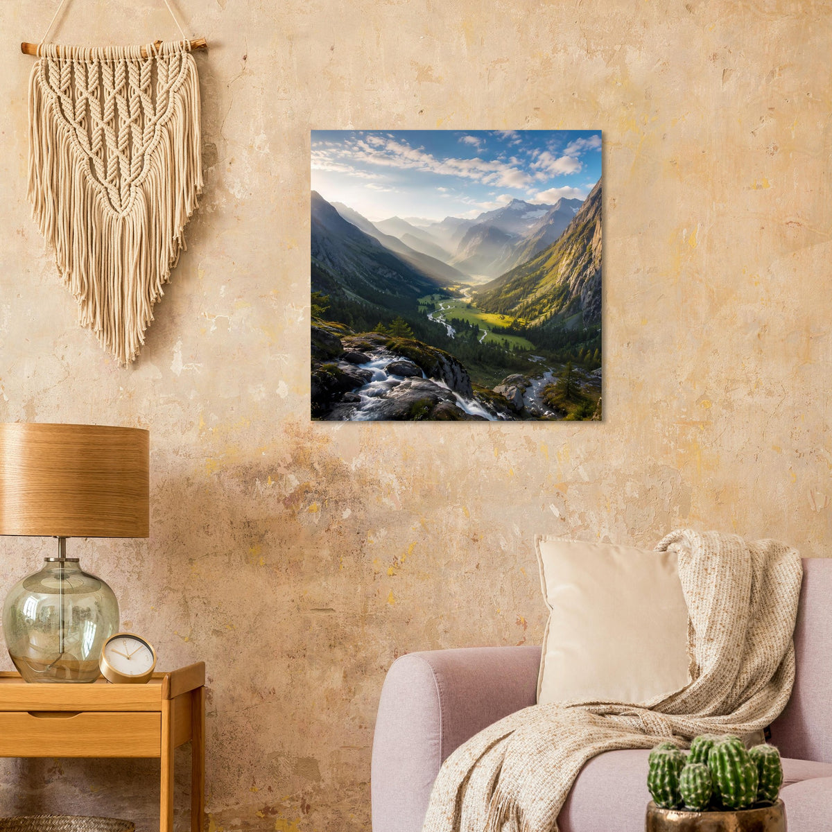 Gerahmtes quadratisches Poster mit Berggipfeln im Alpen-Tal und Bach im Vordergrund