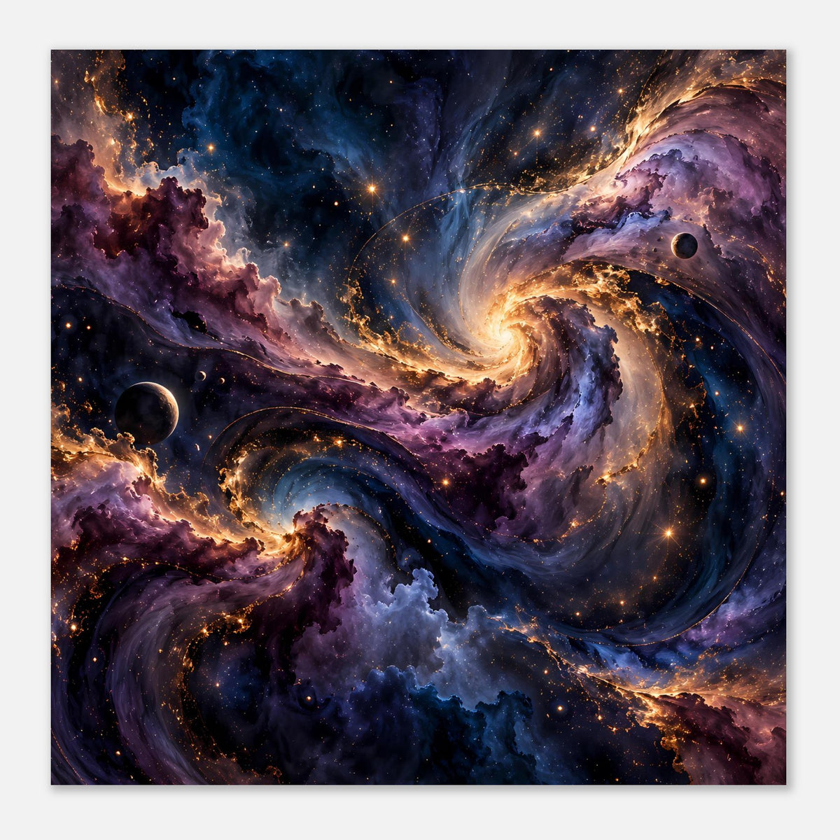 Weltraum-Poster, Nahansicht: Wirbelgalaxie mit Sternen, violett-blauen Nebeln und Planeten