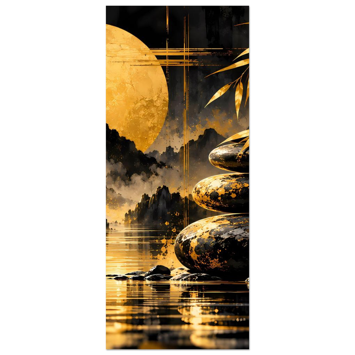 Vertikales Kunstposter mit goldenem Kreis, schwarzen Steinen, Bambusblättern und Spiegelwasser